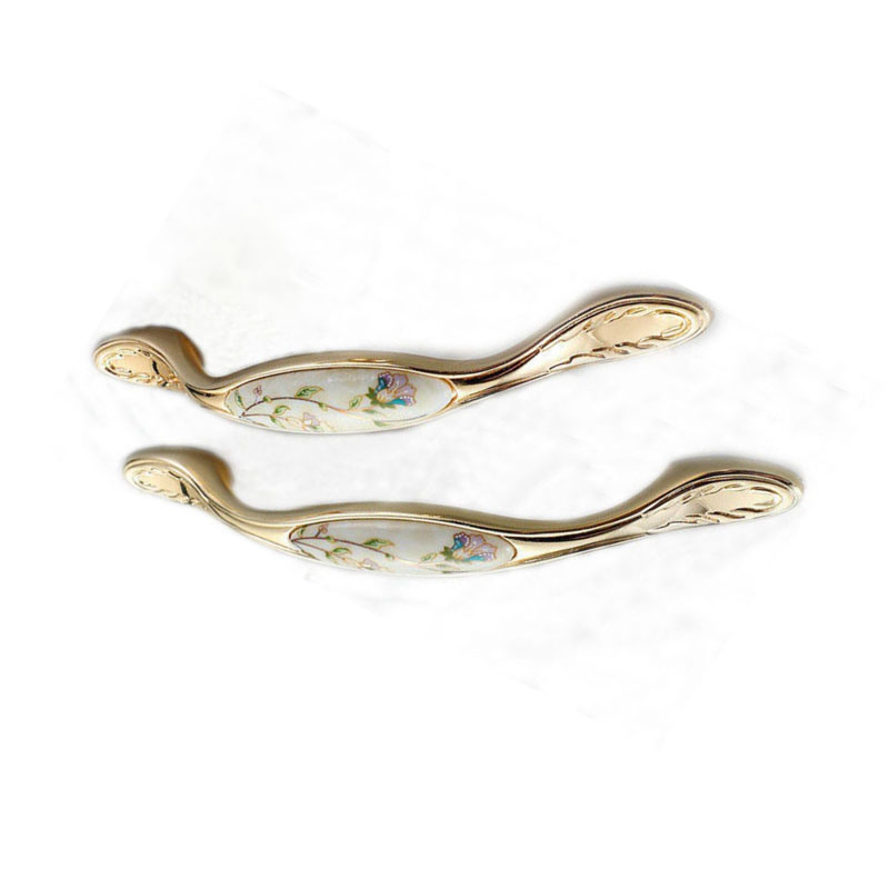 Ouro refinado da moda com flor em liga de zinco e cerâmica alça de gaveta de 96 mm