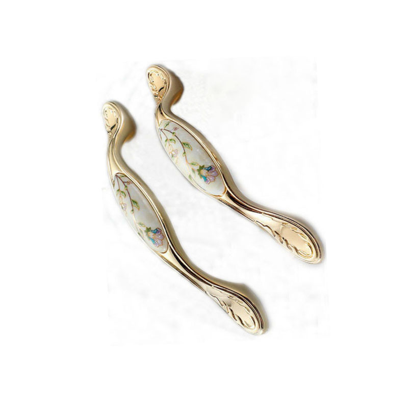 Ouro refinado da moda com flor em liga de zinco e cerâmica alça de gaveta de 96 mm