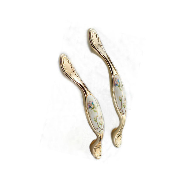 Ouro refinado da moda com flor em liga de zinco e cerâmica alça de gaveta de 96 mm